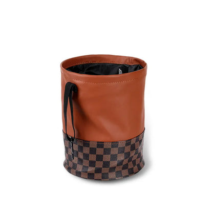 Retractable leather car trash can with handle shown in folded and expanded positions