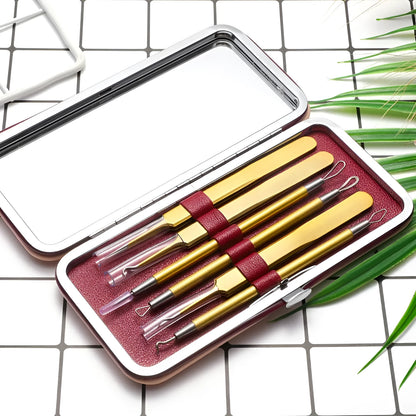 Stainless steel 6-piece acne remover beauty tool set in rose gold finish