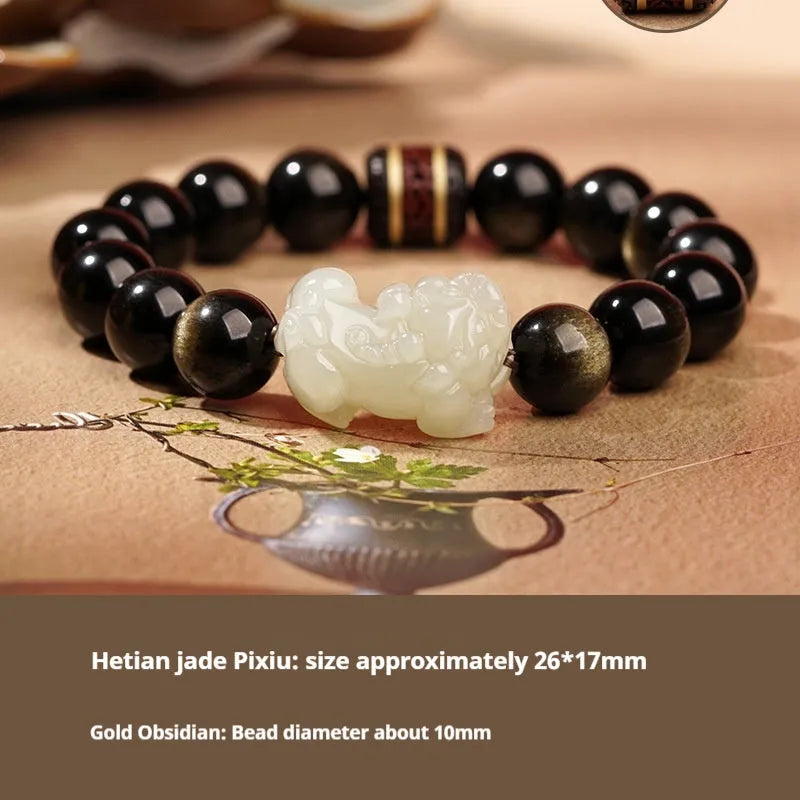 Hetian jade bracelet with black and red adjustable ropes in traditional Chinese design