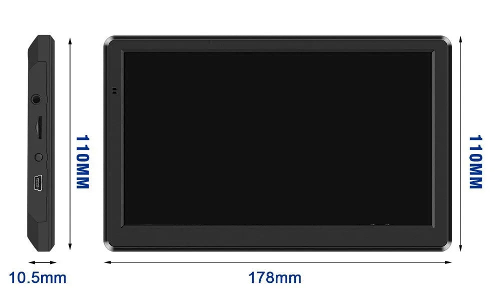 Black portable 7 inch car GPS navigation device with bracket and car charger on a dashboard.