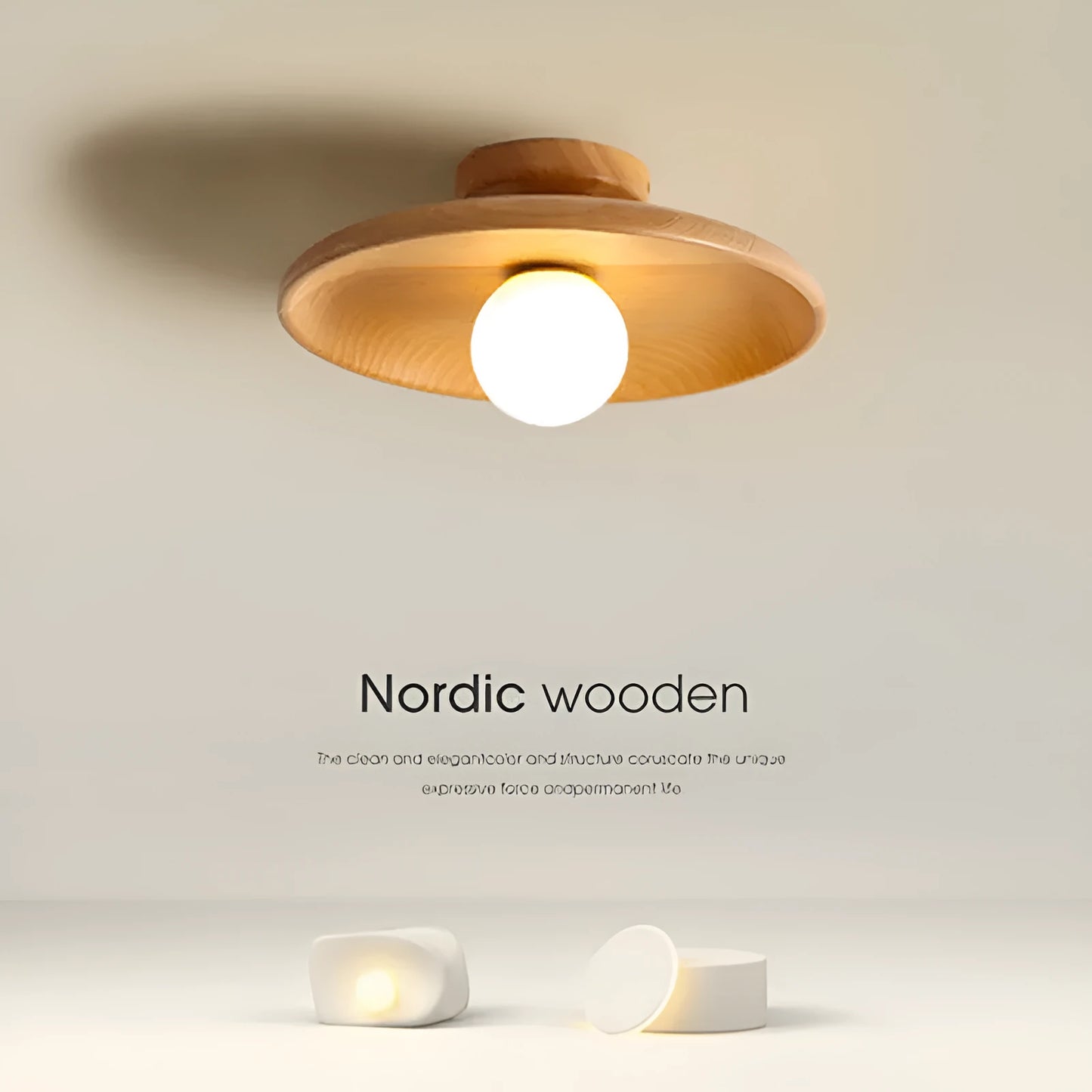 Solid wood minimalist ceiling lamp with glass shade in wood or walnut finish