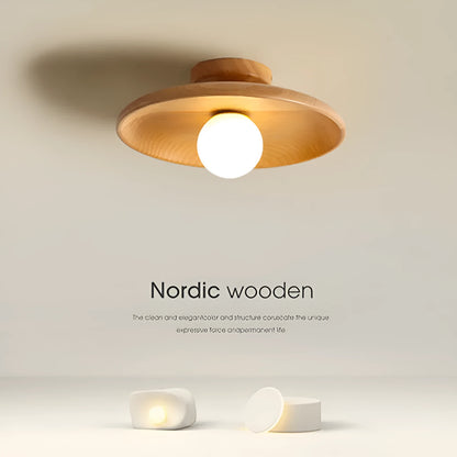 Solid wood minimalist ceiling lamp with glass shade in wood or walnut finish