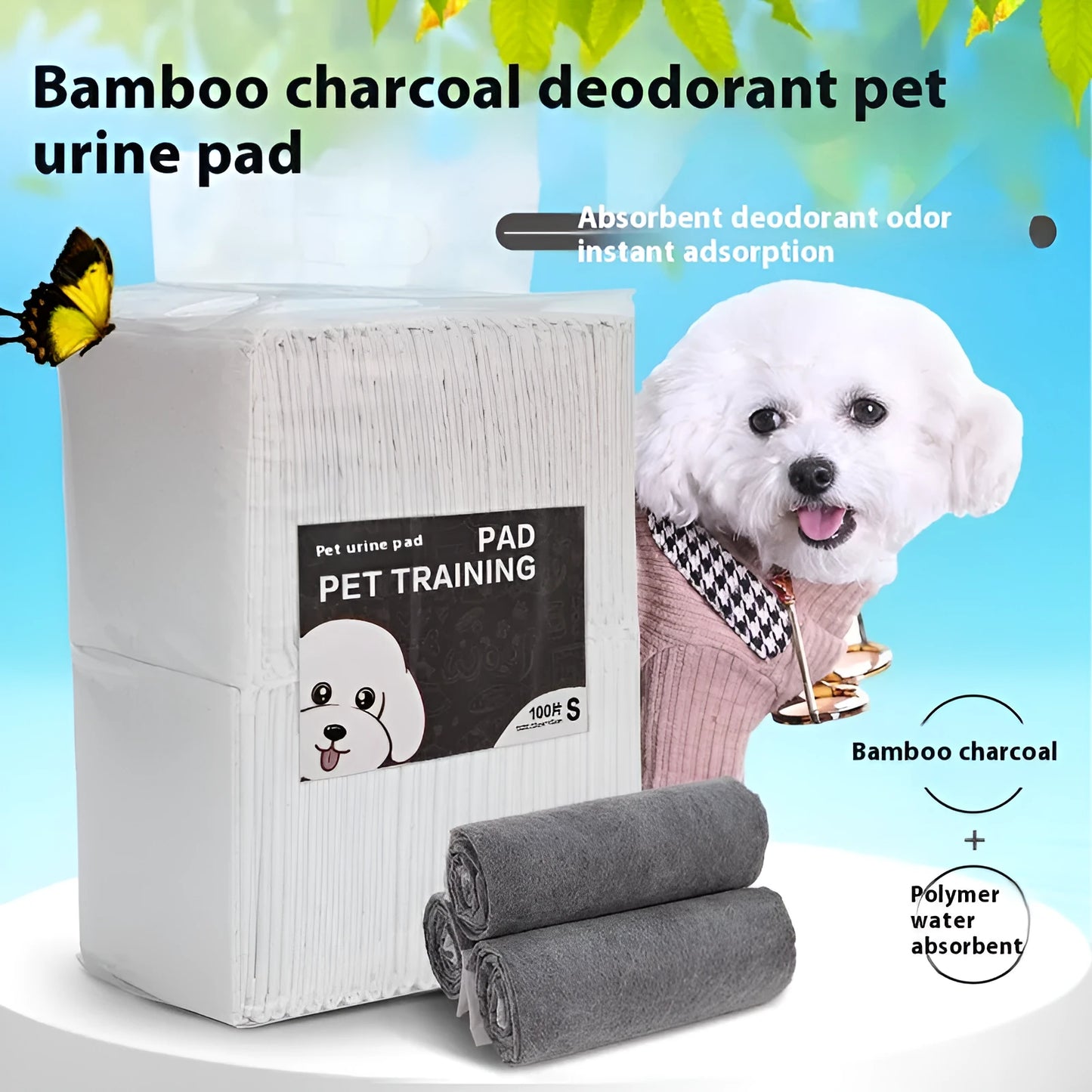 Pack of disposable pet urinal pads showing layered construction and size options S, M, L, XL for dogs and cats.