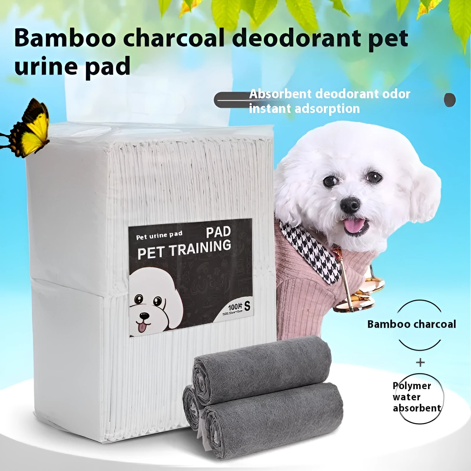 Pack of disposable pet urinal pads showing layered construction and size options S, M, L, XL for dogs and cats.