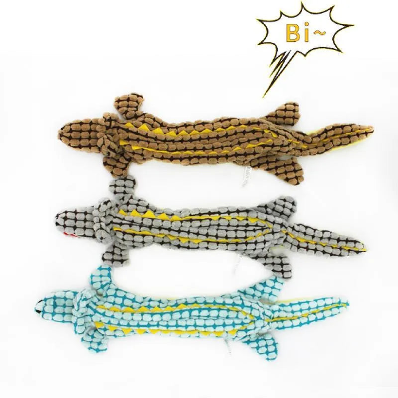 Crocodile-shaped plush dog toy with corduroy texture in blue, coffee brown, or grey colour options