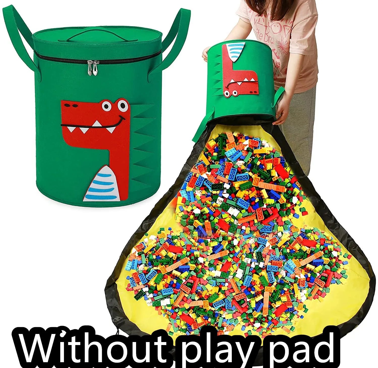 Green felt storage cube with pull rope, unfolded flat as a square play mat next to toys.