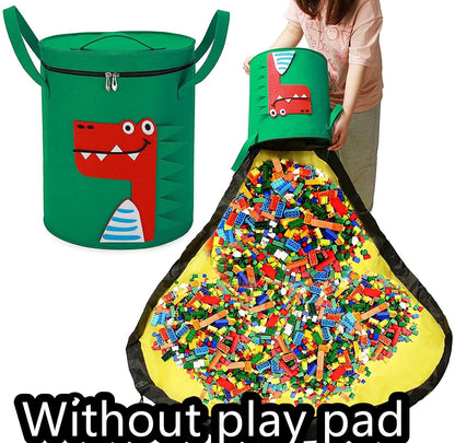 Green felt storage cube with pull rope unfolded flat to show 35cm square waterproof play mat