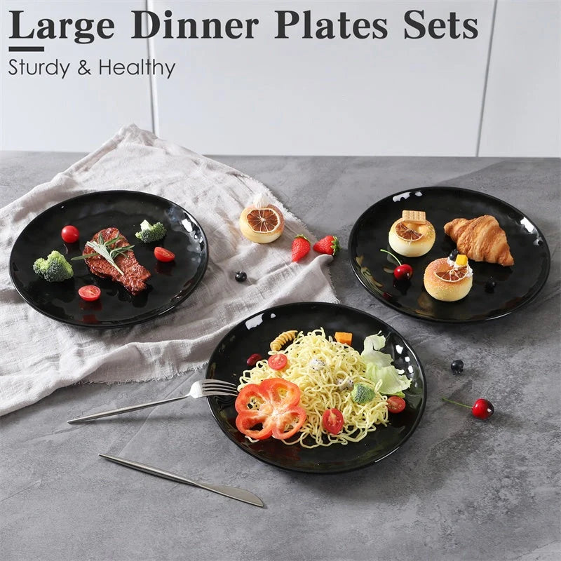 Elegant black ceramic dinner plate set with hammered design, perfect for parties and family dinners.
