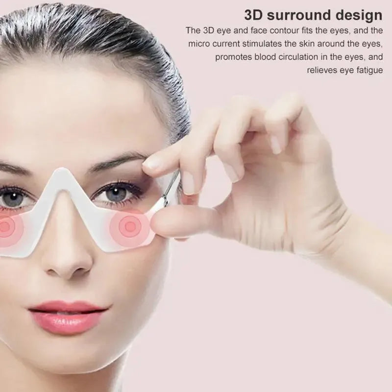 3D Eye Beauty Instrument micro-current massager in pink or white, showing glasses-like design and one-button control for eye relaxation
