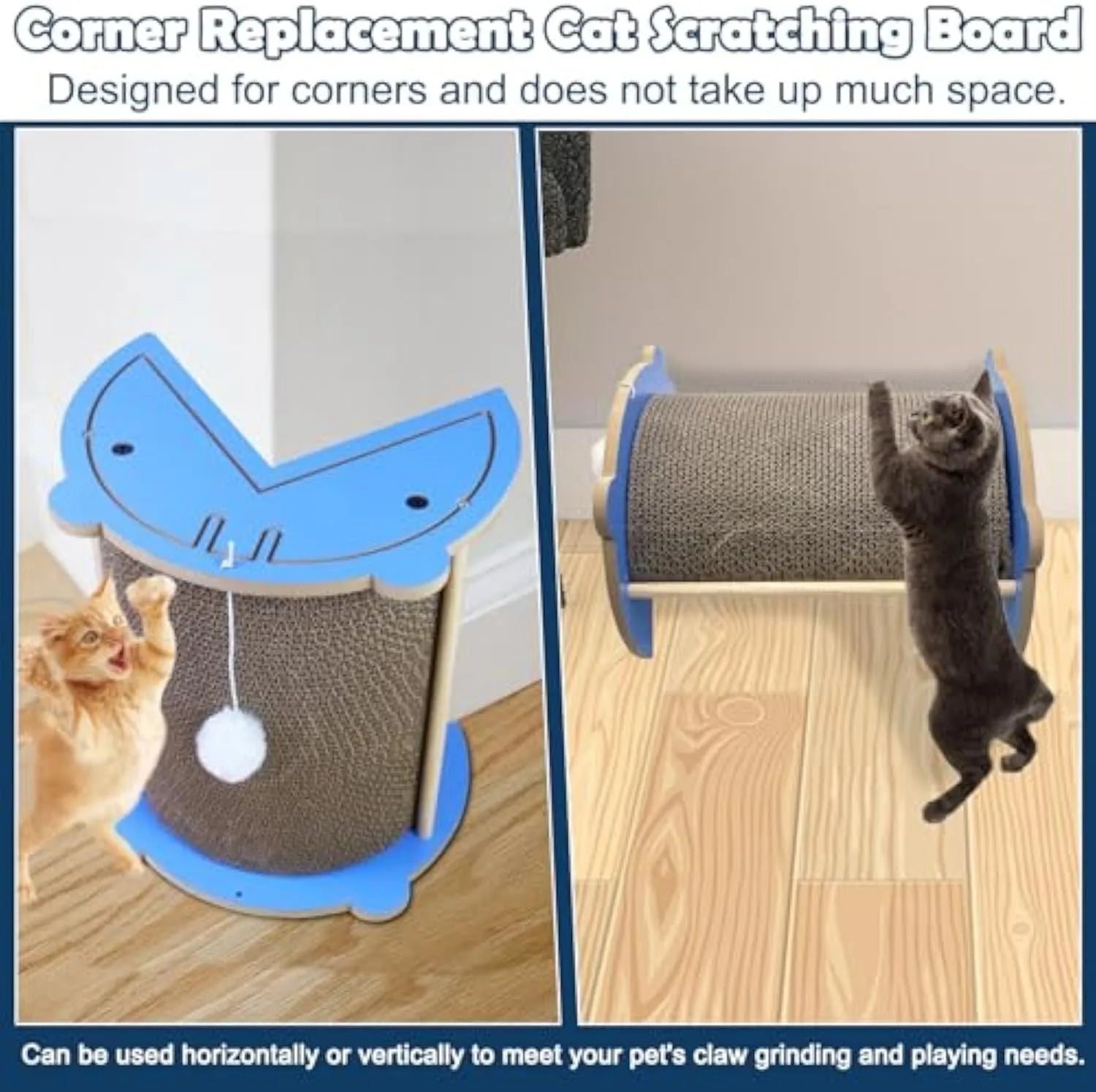 Grey corner cat scratcher with replaceable cardboard board and hanging red ball