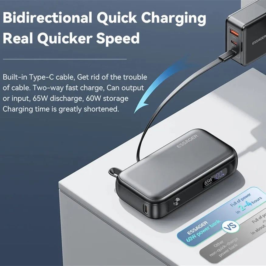Black 15000mAh power bank with digital display, 65W Type-C output, 60W input, and USB-A port