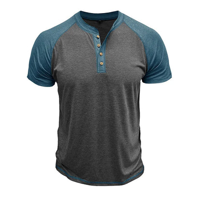 Men's short sleeve top with colour block design showing contrasting colour panels and raglan sleeves