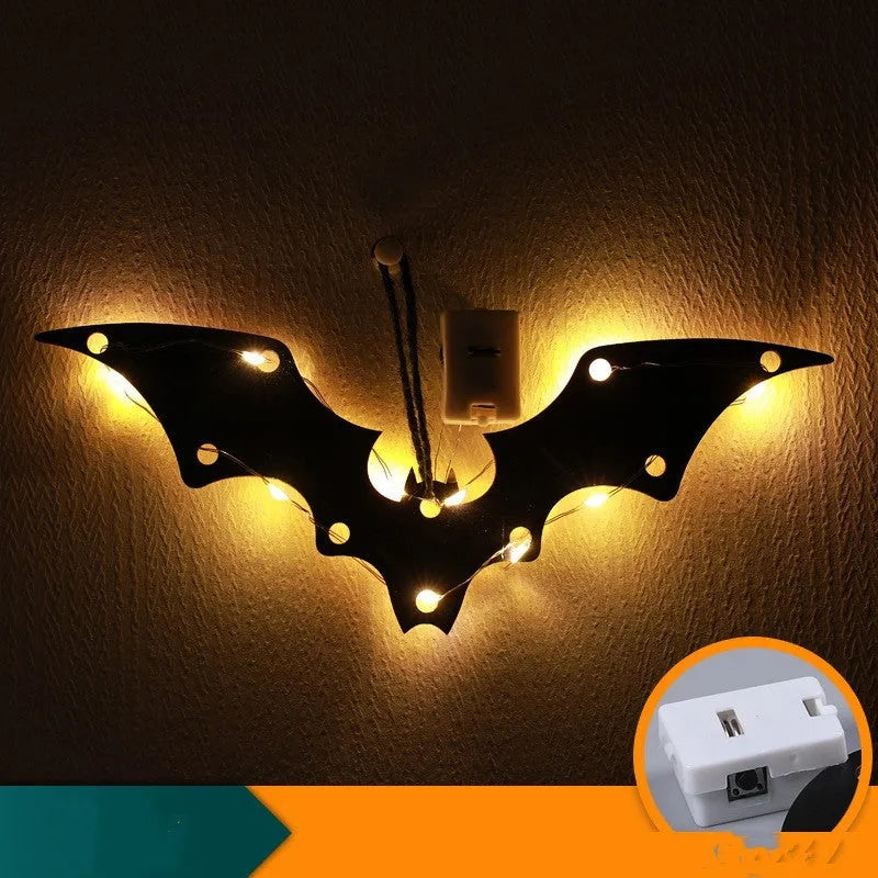 Halloween LED decorative lights with luminescent spider design showing eight colour options including bat, castle, black cat, pumpkin, wizard, ghost, spider, and spider web