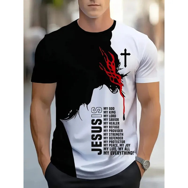 Men's loose fit digital printed T-shirt with striped pattern and short sleeves