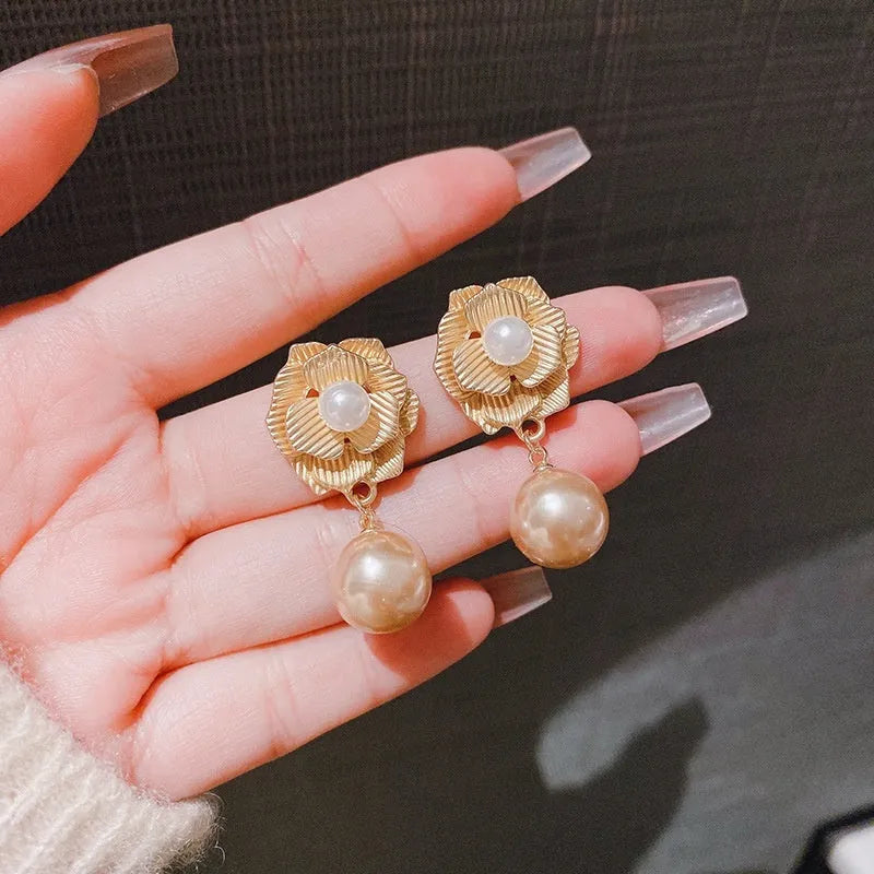 Sterling silver needle rose pearl design Hong Kong style flower stud earrings for women, alloy construction with electroplated gold finish and opal accent stone ice flower motif jewellery gift