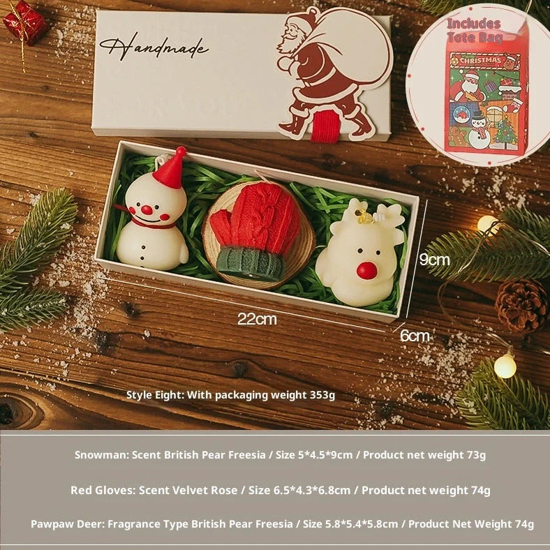 Handmade Christmas scented candle gift set with 9 designs, wooden display pad, and handbag
