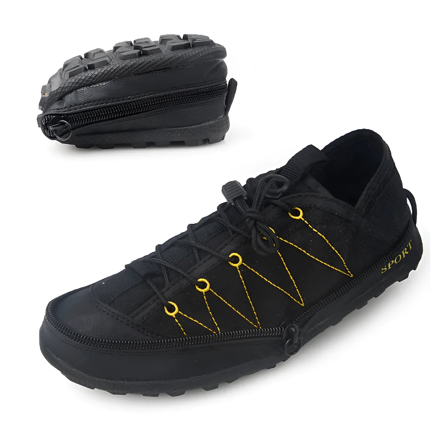 Portable folding outdoor hiking shoes in orange with side zipper closure, shown flat and folded