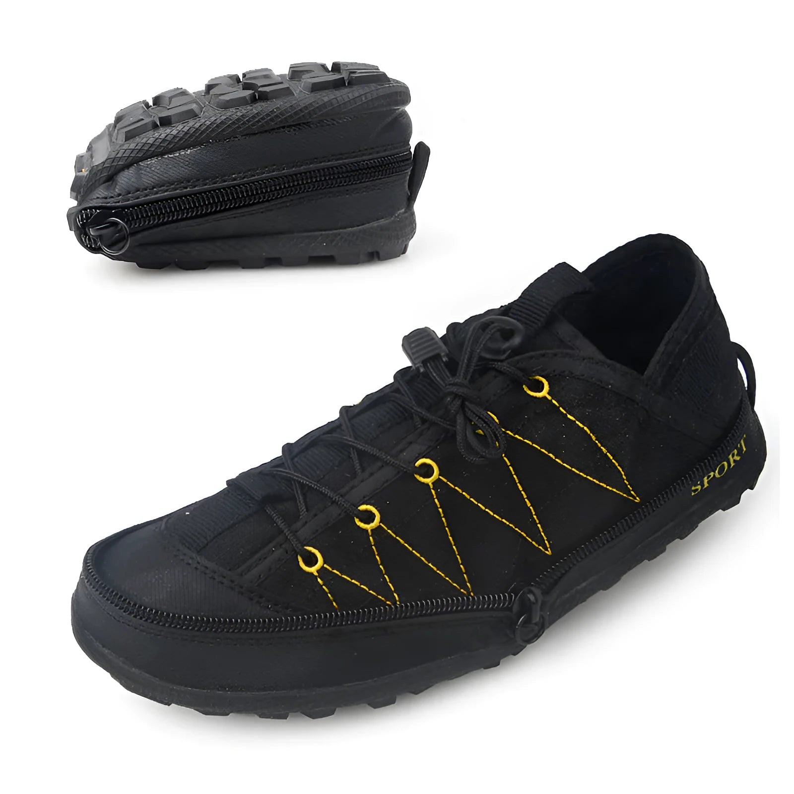Portable folding outdoor hiking shoes in orange with side zipper closure, shown flat and folded