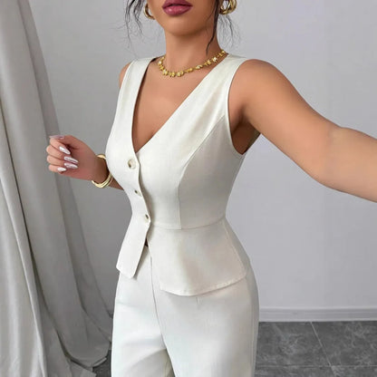 Women's sleeveless vest and high-waisted trousers two-piece set in solid colour casual design