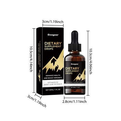 Liquid dietary supplement drops bottle with measurement dropper for precise dosage control