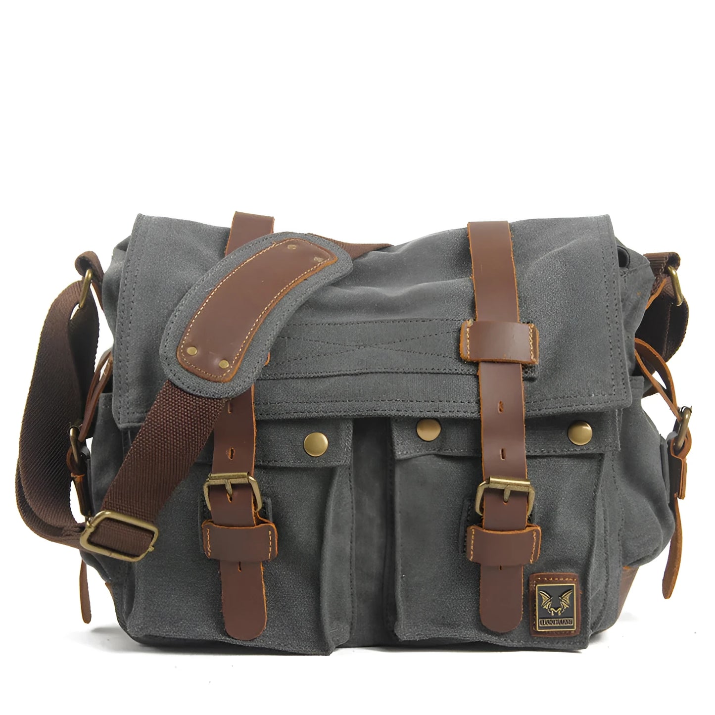 Men's canvas crossbody shoulder bag with cowhide accents and flap closure in retro postman style