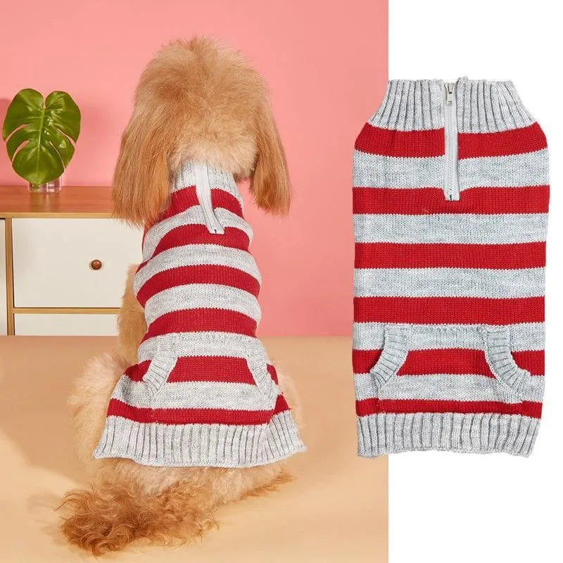 Grey dog sweater with side zipper and chest pocket on a small dog.