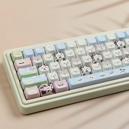 Full set of puppy character PBT sublimation keycaps for mechanical keyboards with illustrated dog theme design