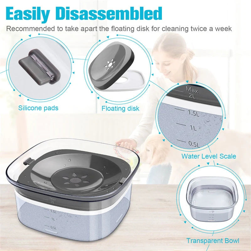 70oz transparent dog water bowl with visible water level and slow drinking feature