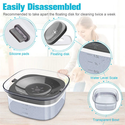 70oz transparent dog water bowl with visible water level and slow drinking feature