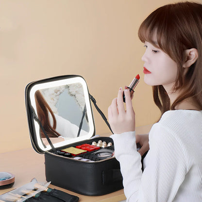 Large cosmetics bag with LED mirror light in black, measuring 26cm wide with USB charger