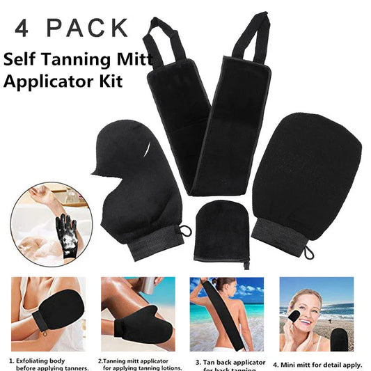 Premium self-tanning applicator kit with exfoliating glove, tanning mitt, and back applicator for a flawless, streak-free tan