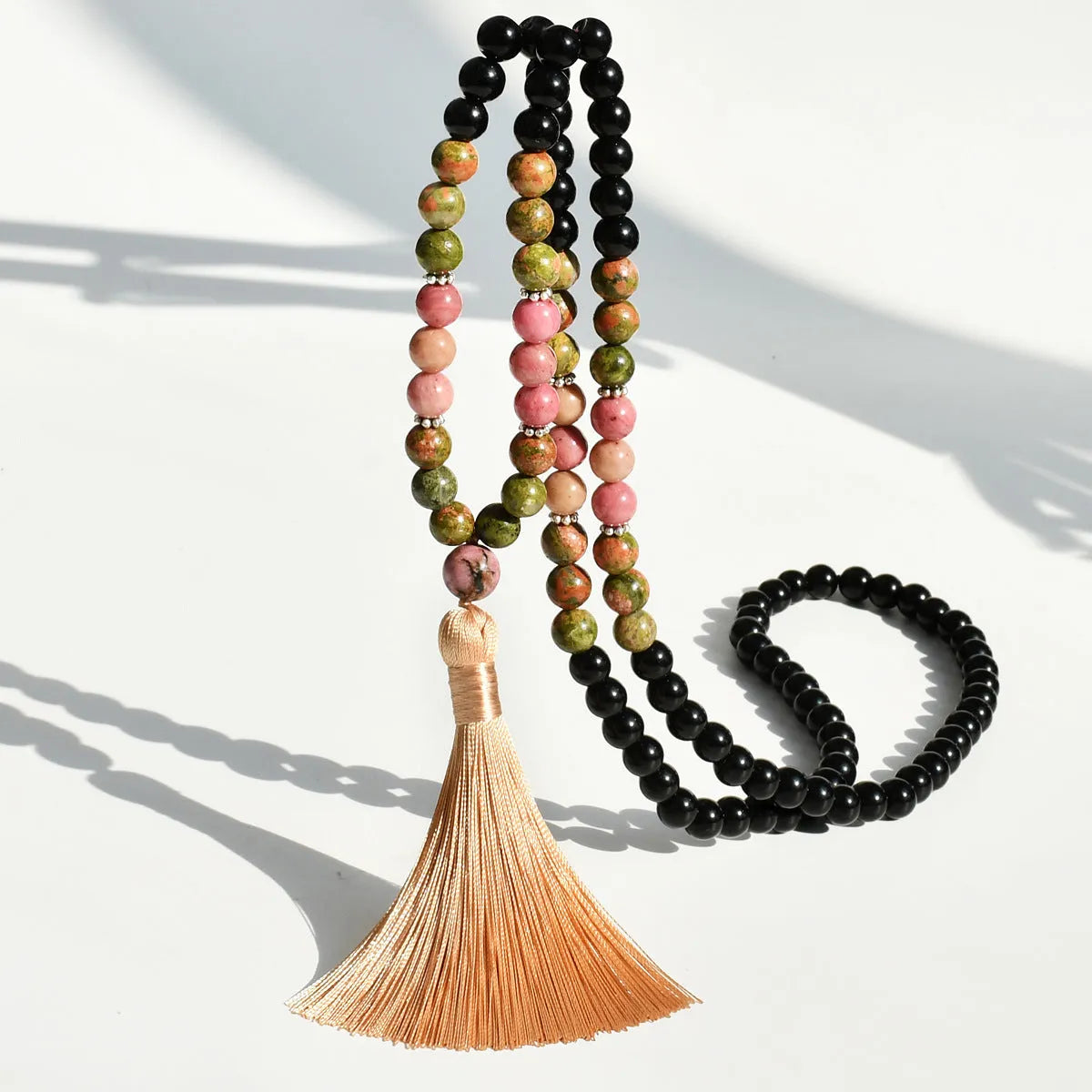 Handmade long necklace with geometric gemstone pendant and tassel on a ball bead chain