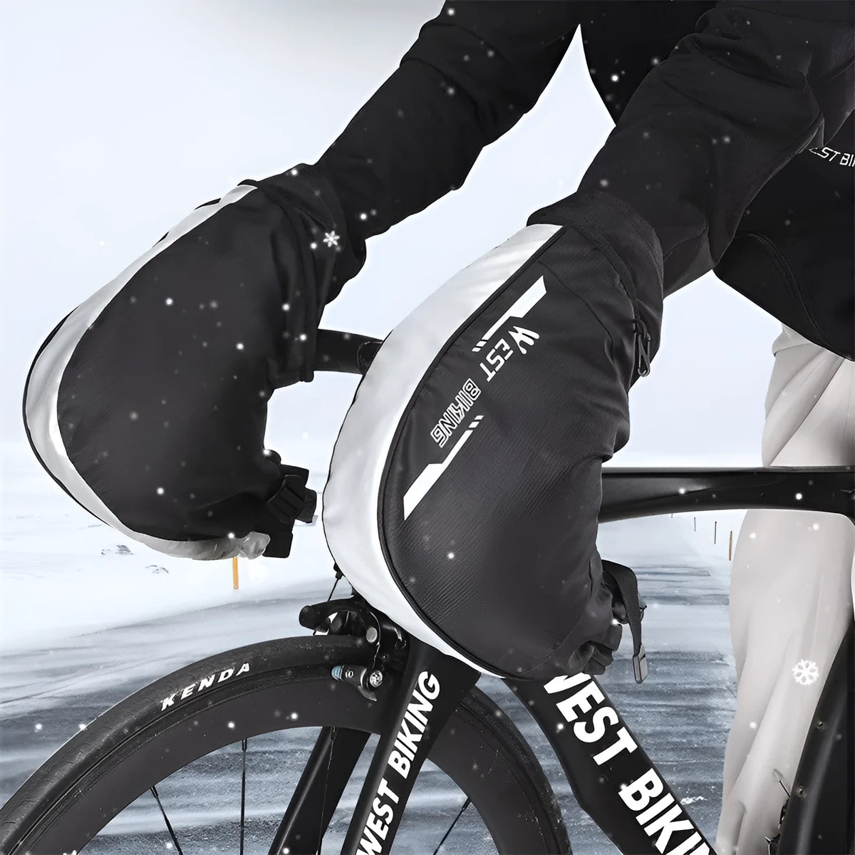 Black one-size winter cycling gloves with waterproof PU outer, fleece lining, and reflective safety details