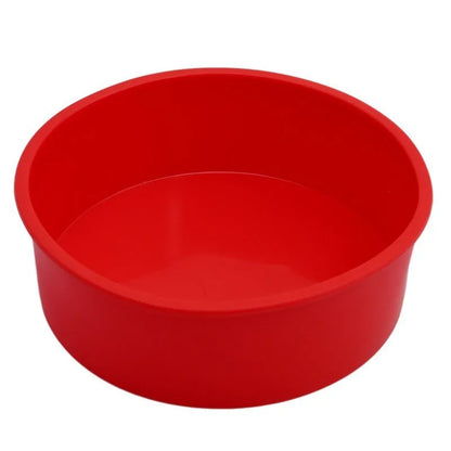 Red round silicone cake mould set showing 4-inch, 6-inch, and 8-inch sizes for baking trays