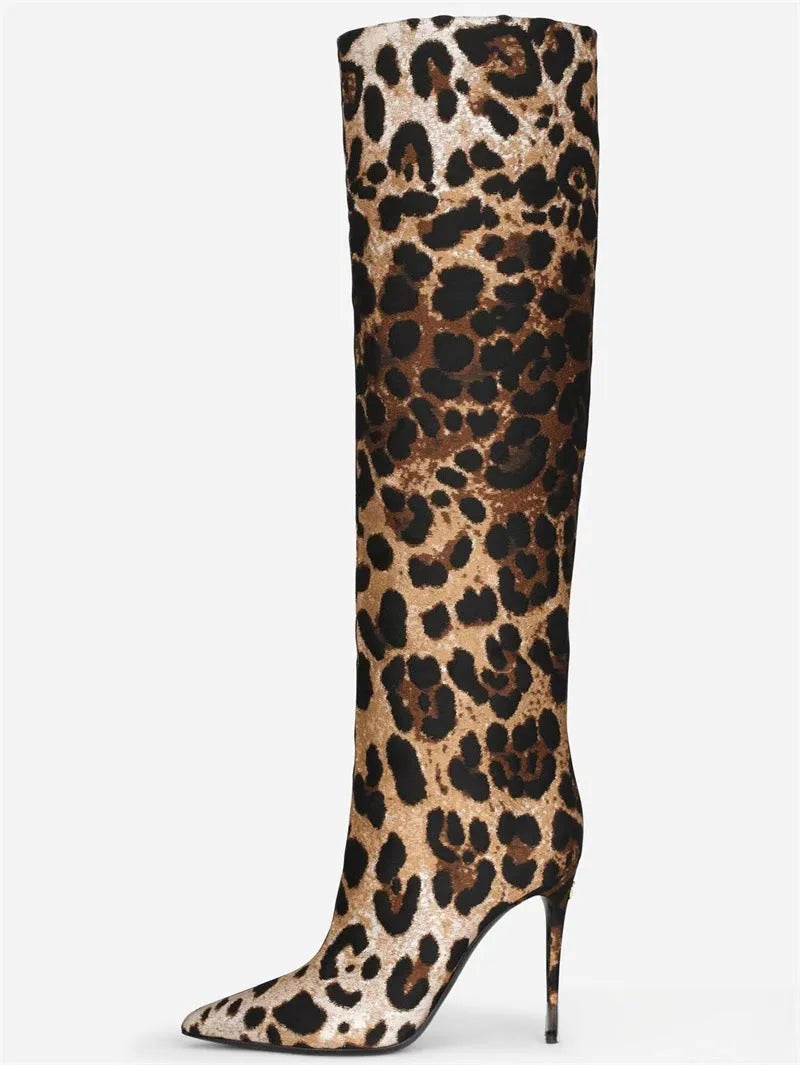 Women's pointed stiletto heel boots in leopard print with side zipper and high cylinder shaft.