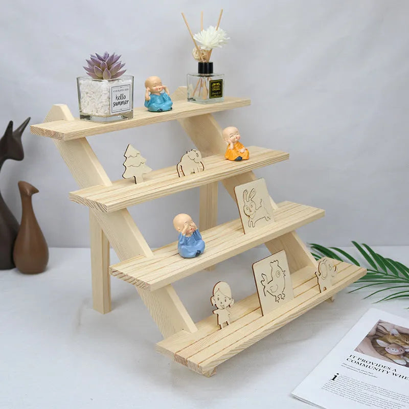 Multi-layer wooden stepped shelf in natural wood or walnut colour, shown in 2 to 5 tier floor-standing versions