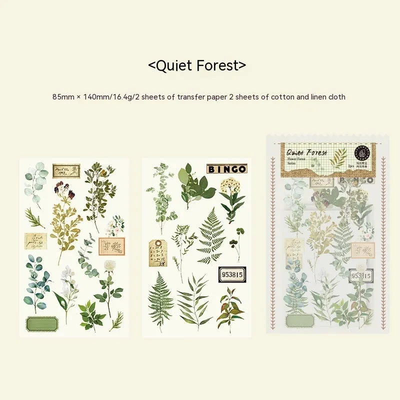 Huazhisen art nouveau forest sticker pack showing transfer paper and cotton linen sheets in six colour designs