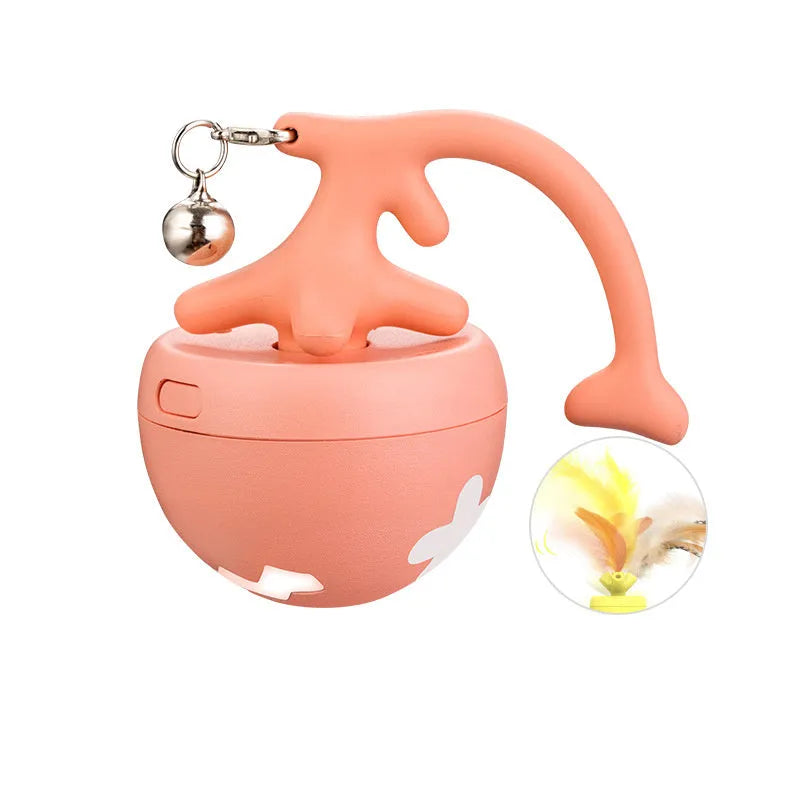 Blue USB rechargeable electric cat teasing ball with fish bone attachments and a separate feather teasing stick.