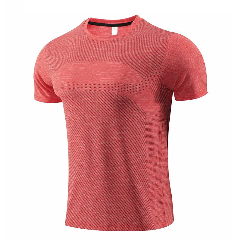 Man wearing a red short-sleeve polyester sports t-shirt for running or basketball workout.