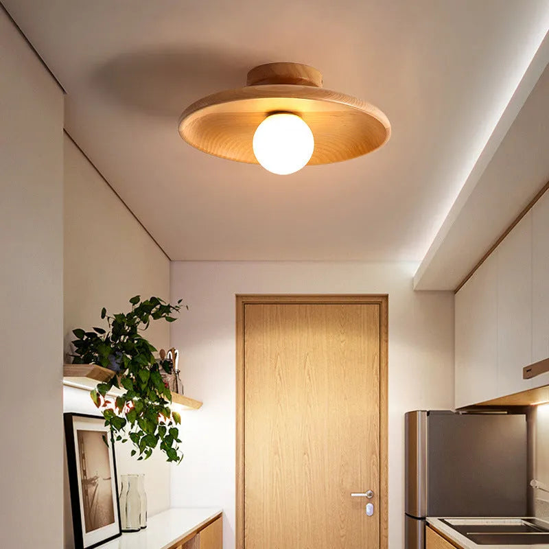 Solid wood minimalist ceiling lamp with glass shade in wood or walnut finish