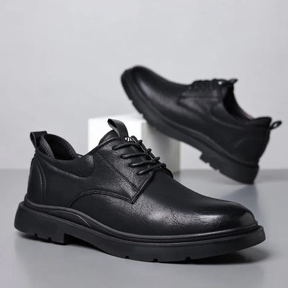 Men's black and brown leather shoes with rubber sole and sewing line detail for business and casual wear