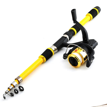 Children's fishing rod suit with pole and wheel reel in blue, green, red or yellow colours with bait accessories