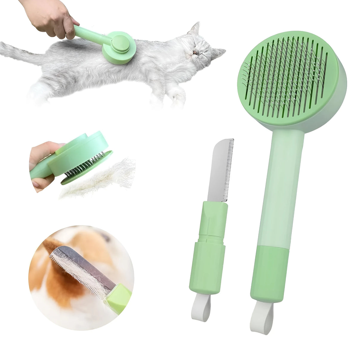 Green and yellow pet grooming brush with stainless steel needles measuring 17.5x8cm