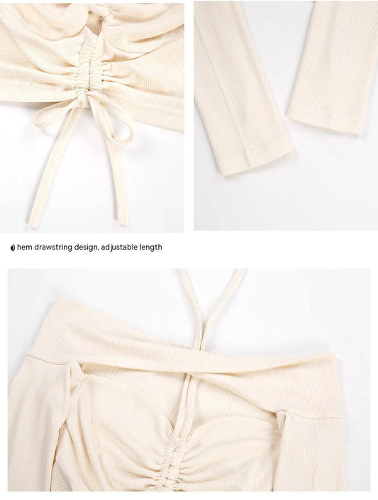 Off-shoulder blouse with drawstring waist, cut-out details, and long sleeves in a warm apricot colour