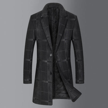 Men's mid-length slim woollen coat in camel and gray colors, featuring premium British wool construction and a flattering silhouette.