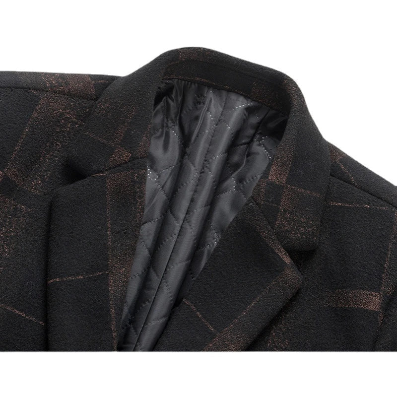 Men's mid-length slim woollen coat in camel and gray colors, featuring premium British wool construction and a flattering silhouette.