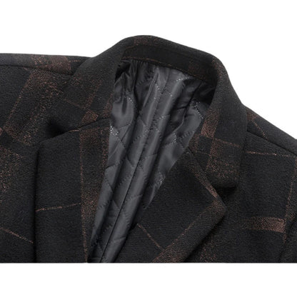 Men's mid-length slim woollen coat in camel and gray colors, featuring premium British wool construction and a flattering silhouette.