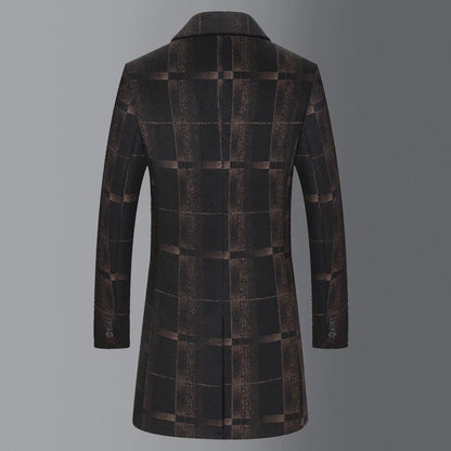Men's mid-length slim woollen coat in camel and gray colors, featuring premium British wool construction and a flattering silhouette.