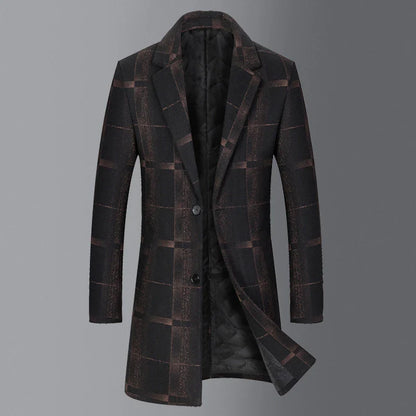 Men's mid-length slim woollen coat in camel and gray colors, featuring premium British wool construction and a flattering silhouette.