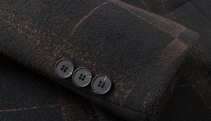Men's mid-length slim woollen coat in camel and gray colors, featuring premium British wool construction and a flattering silhouette.